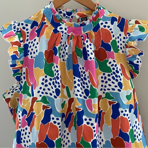 Multicolor Abstract Print Ruffle Sleeve Geometric Fun Statement Top - Picture 2 of 6
